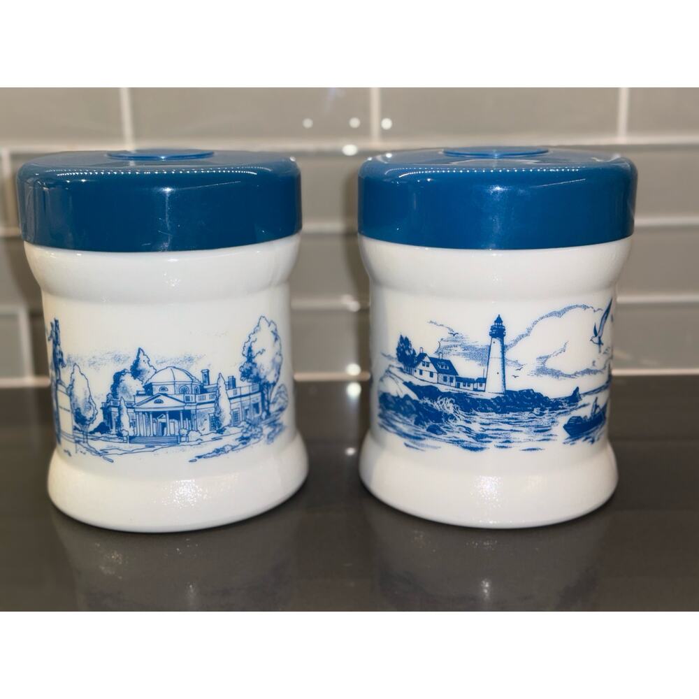 Set of 2 Vintage 70s Milk Glass Tobacco Canister/Delft Humidor Set w/ Twist Lid